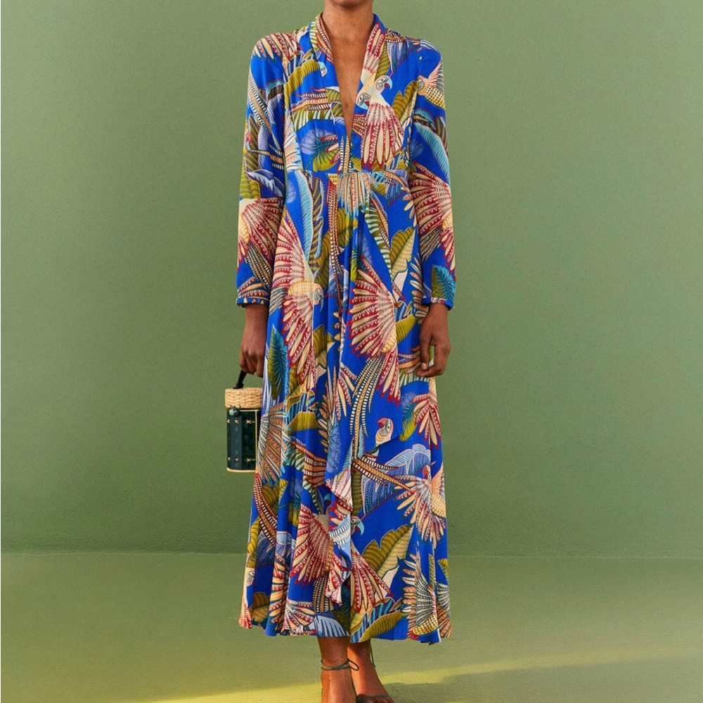 Farm Rio Blue Macaw Flight Maxi Dress- NWT XS